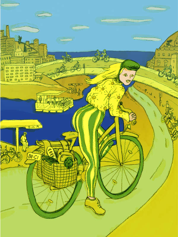 Frau mit gestreifter Hose auf dem Fahrrad vor Küstenpanorama