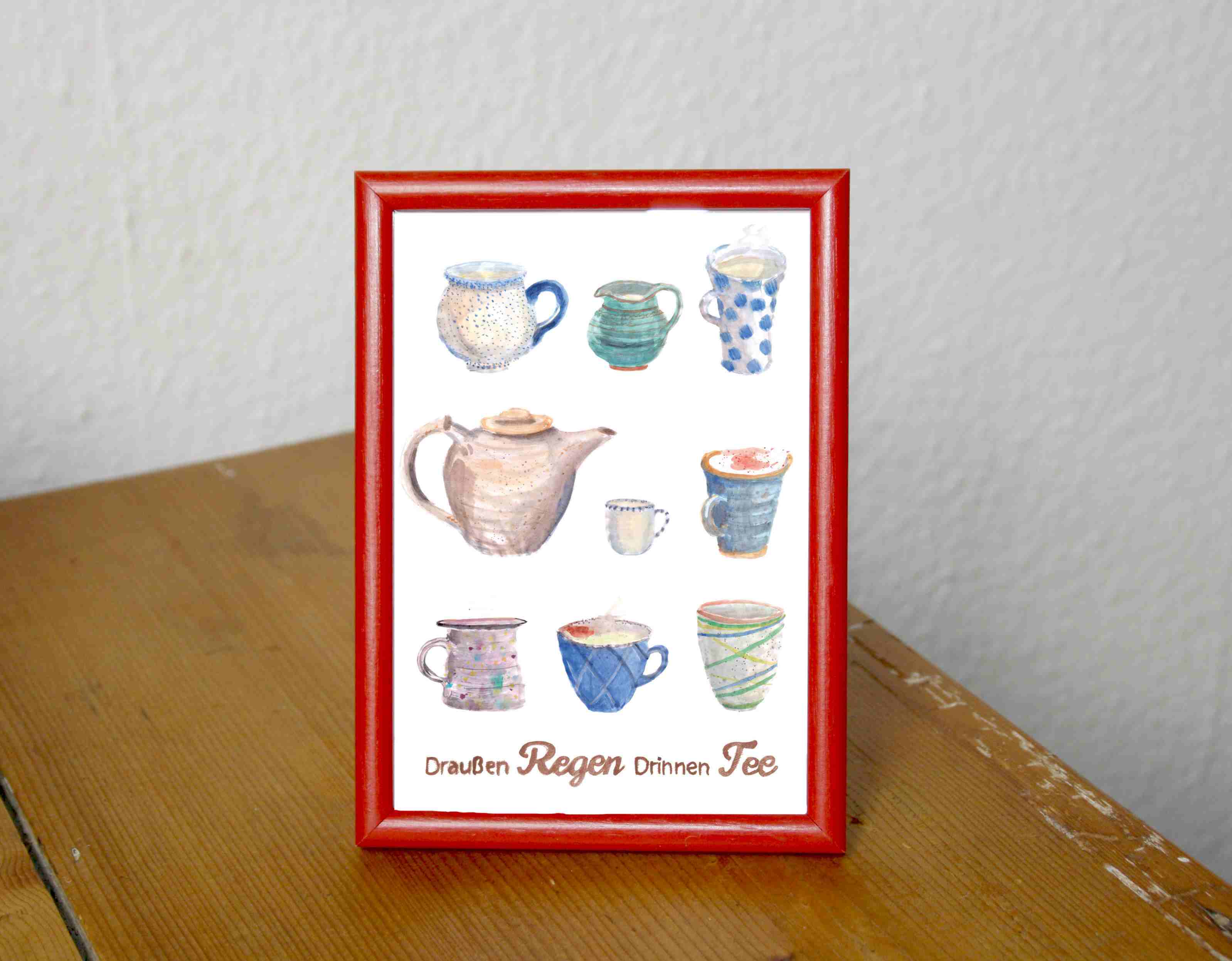 Postkarte Draußen Regen, drinnen Tee mit Teetassen