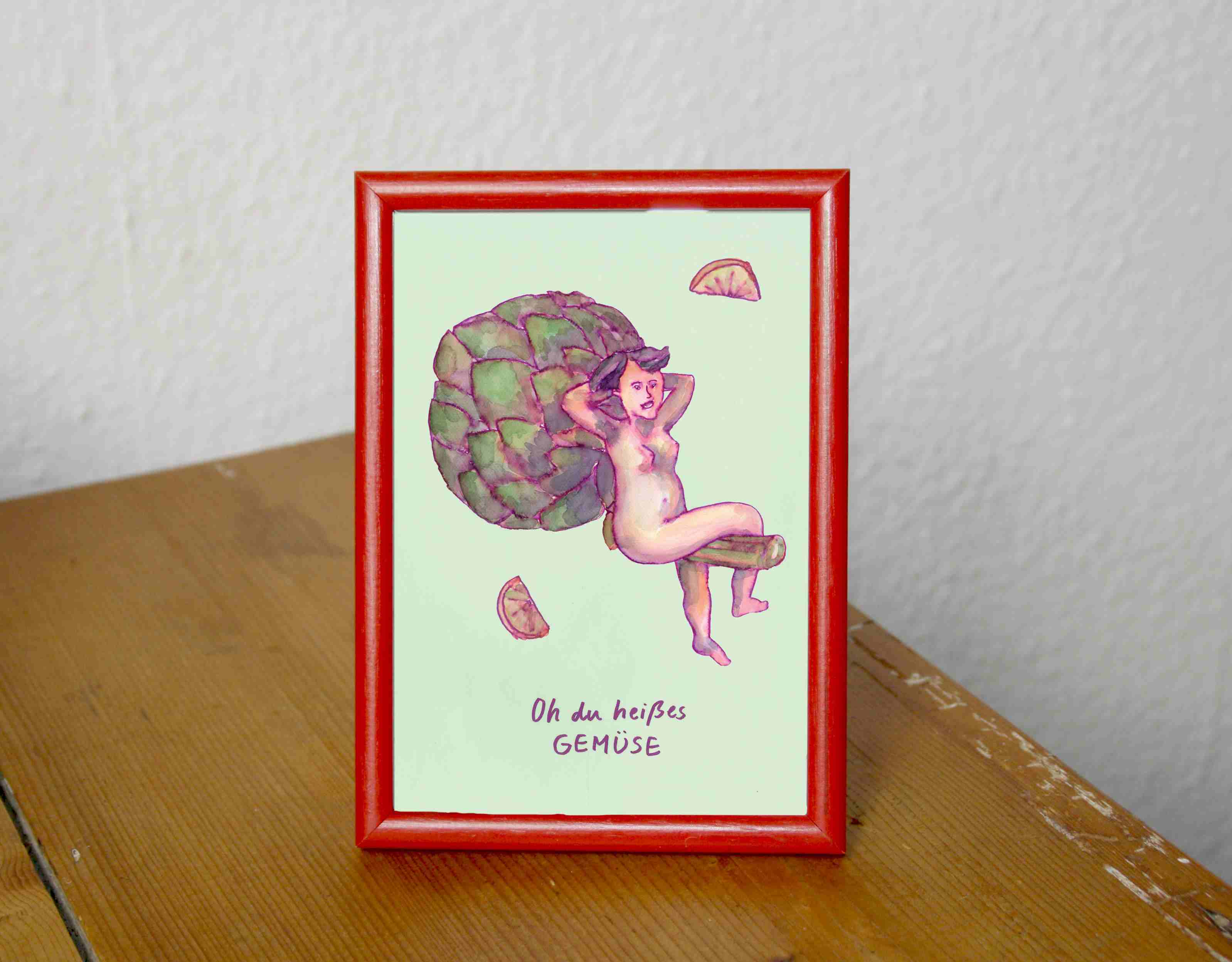 Postkarte Oh du heißes Gemüse, mit Frau auf Artischocke