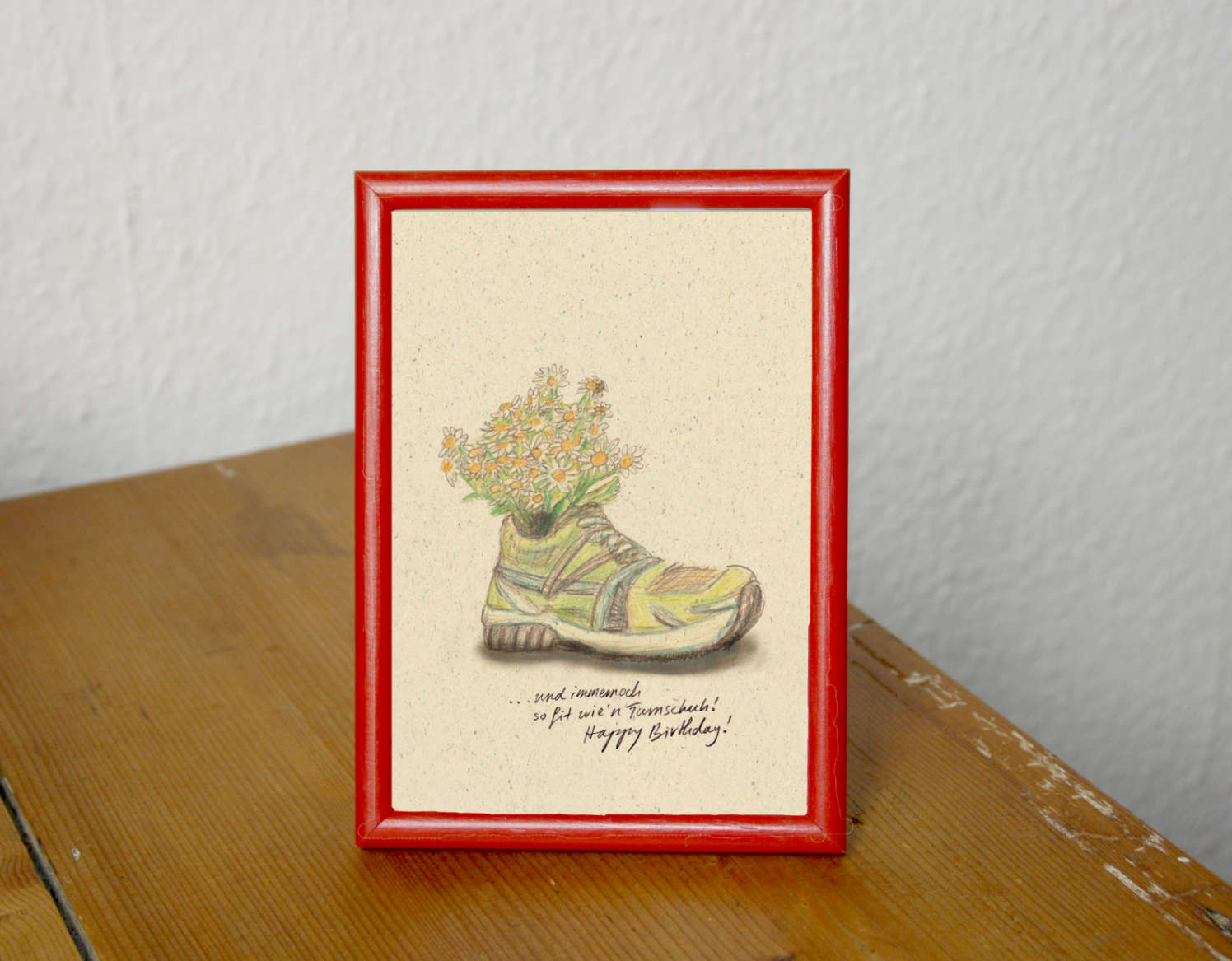 Postkarte alter Schuh mit Blumen und Text und immernoch so fit wien Turnschuh