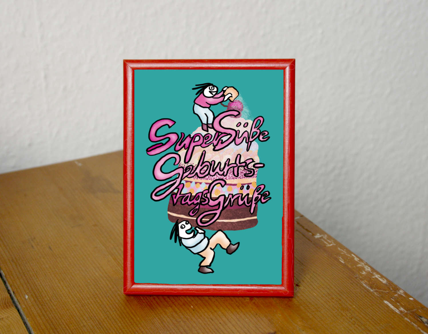 Postkarte mit Torte und dem Text Supersüße Geburtstagsgrüße