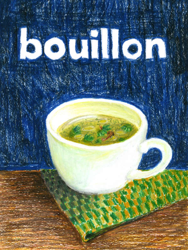 Bouillon/Brühe in einer Tasse in Pastellkreide